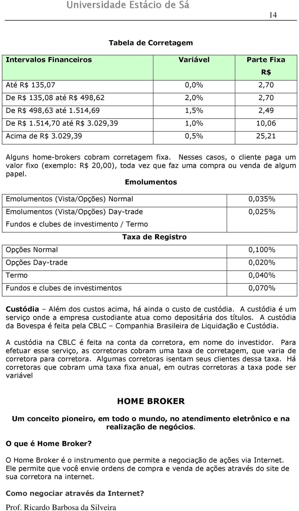 Nesses casos, o cliente paga um valor fixo (exemplo: R$ 20,00), toda vez que faz uma compra ou venda de algum papel.