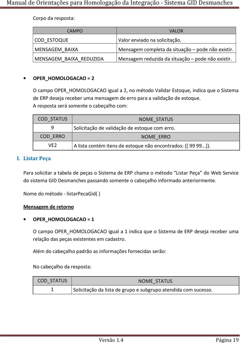 OPER_HOMOLOGACAO = 2 O campo OPER_HOMOLOGACAO igual a 2, no método Validar Estoque, indica que o Sistema de ERP deseja receber uma mensagem de erro para a validação de estoque. I.