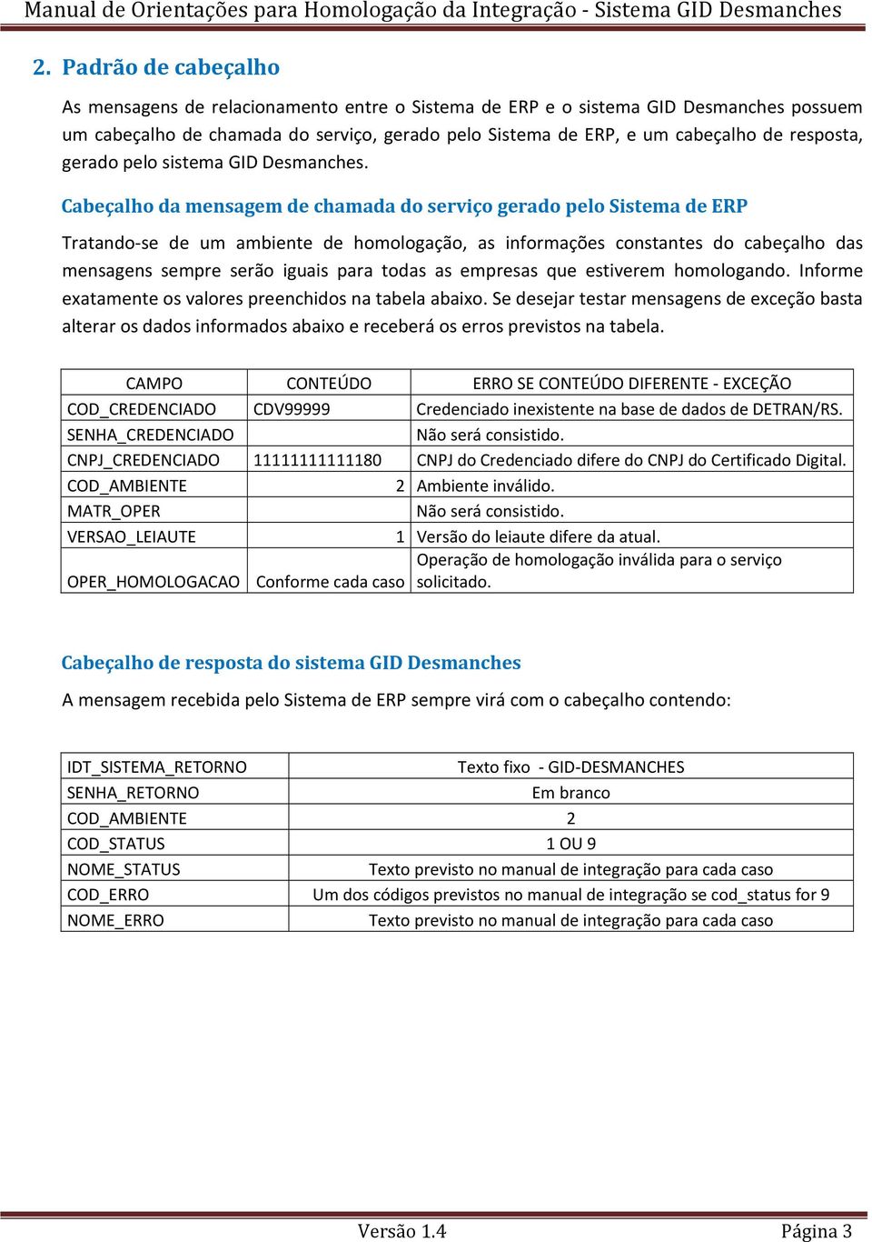 Cabeçalho da mensagem de chamada do serviço gerado pelo Sistema de ERP Tratando-se de um ambiente de homologação, as informações constantes do cabeçalho das mensagens sempre serão iguais para todas