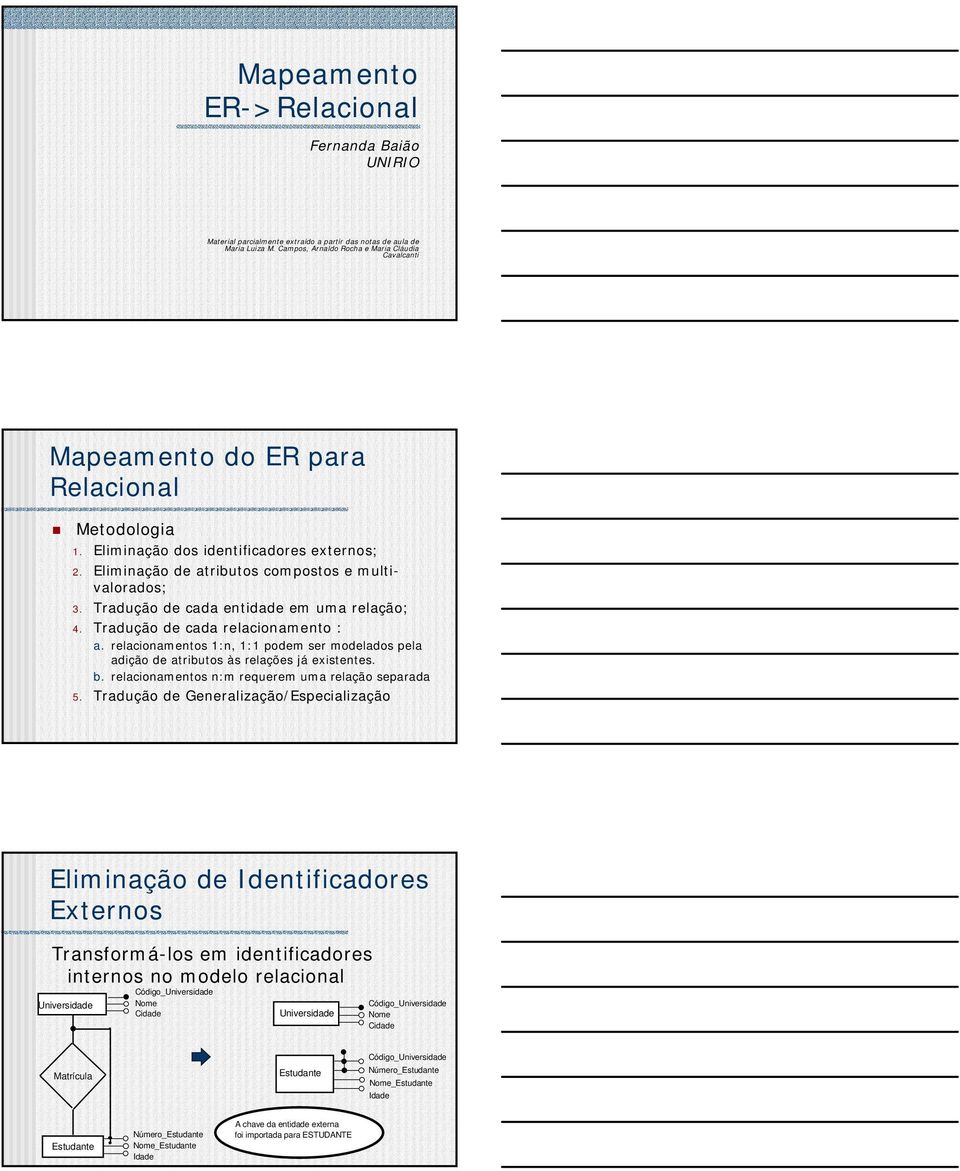 Tradução de cada entidade em uma relação; 4. Tradução de cada relacionamento : a. relacionamentos 1:n, 1:1 podem ser modelados pela adição de atributos às relações já existentes. b.