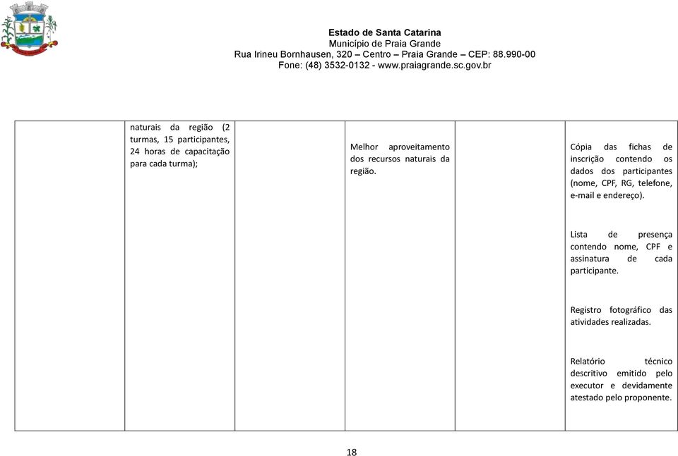 Cópia das fichas de inscrição contendo os dados dos participantes (nome, CPF, RG, telefone, e-mail e endereço).