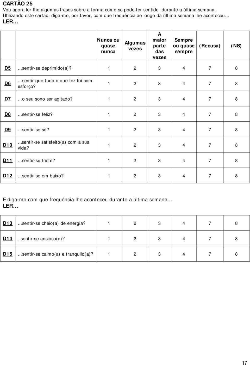 (NS) D5...sentir-se deprimido(a)? 1 2 3 4 7 8 D6...sentir que tudo o que fez foi com esforço? 1 2 3 4 7 8 D7...o seu sono ser agitado? 1 2 3 4 7 8 D8...sentir-se feliz? 1 2 3 4 7 8 D9...sentir-se só?