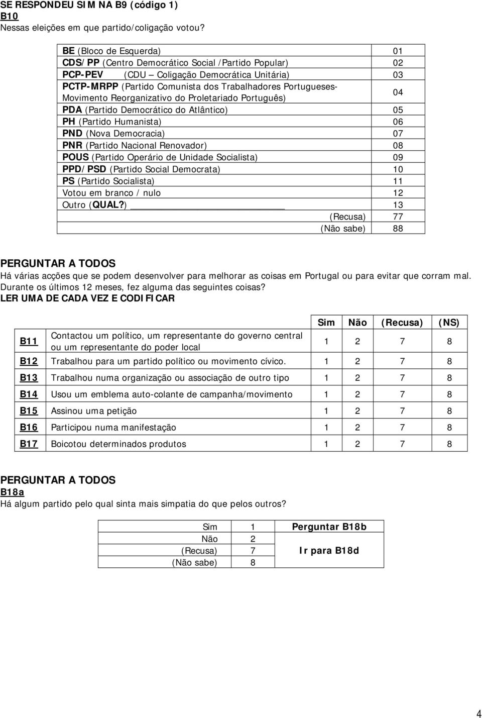 Reorganizativo do Proletariado Português) 04 PDA (Partido Democrático do Atlântico) 05 PH (Partido Humanista) 06 PND (Nova Democracia) 07 PNR (Partido Nacional Renovador) 08 POUS (Partido Operário de