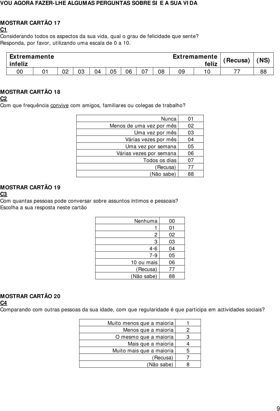 Nunca 01 Menos de uma vez por mês 02 Uma vez por mês 03 Várias vezes por mês 04 Uma vez por semana 05 Várias vezes por semana 06 Todos os dias 07 7 8 MOSTRAR CARTÃO 19 C3 Com quantas pessoas pode