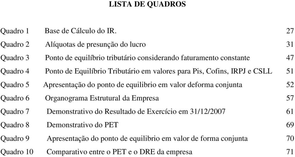 Equilíbrio Tributário em valores para Pis, Cofins, IRPJ e CSLL 51 Quadro 5 Apresentação do ponto de equilibrio em valor deforma conjunta 52 Quadro 6