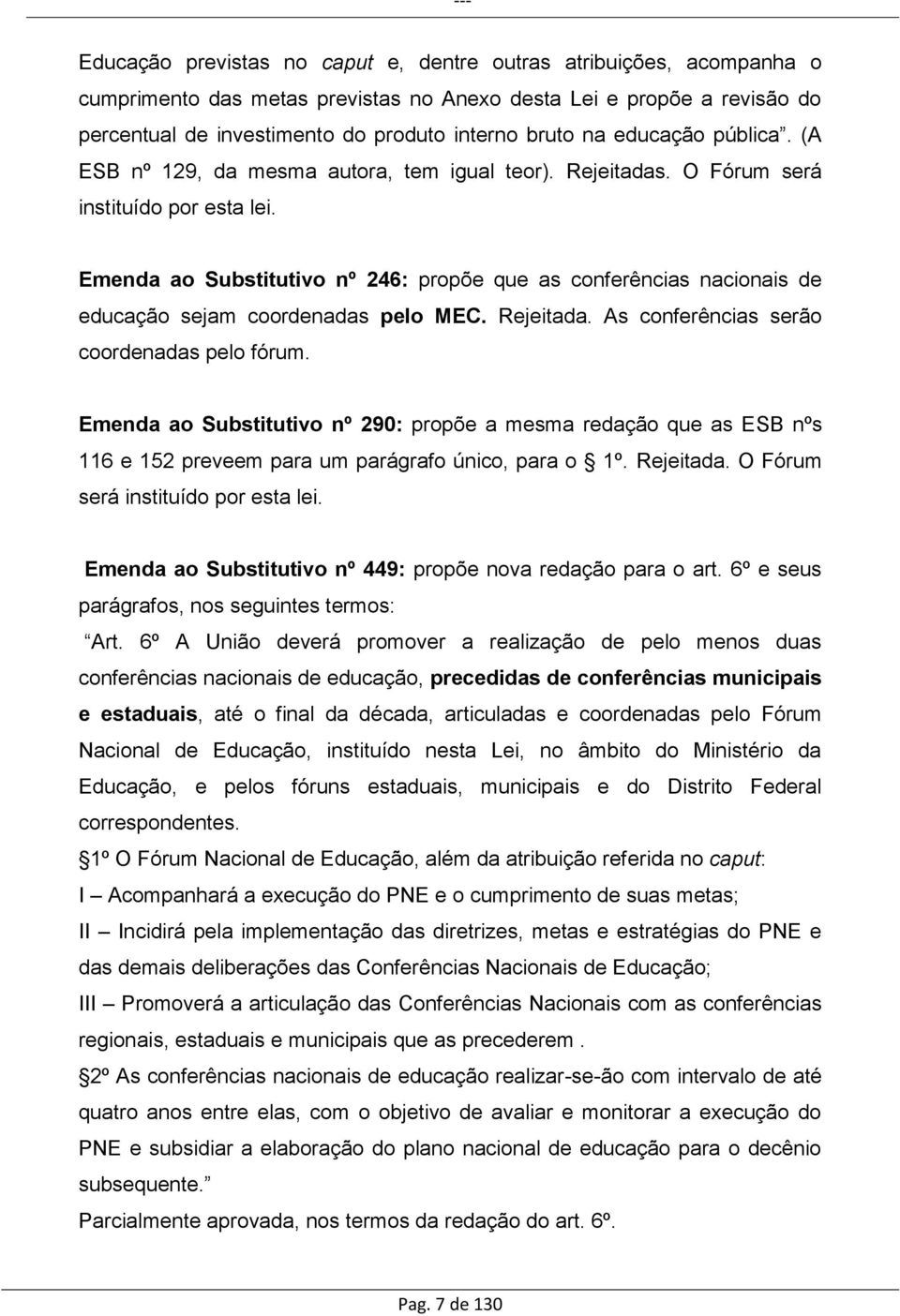 Emenda ao Substitutivo nº 246: propõe que as conferências nacionais de educação sejam coordenadas pelo MEC. Rejeitada. As conferências serão coordenadas pelo fórum.