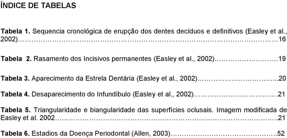 Aparecimento da Estrela Dentária (Easley et al., 2002)...20 Tabela 4. Desaparecimento do Infundíbulo (Easley et al., 2002).21 Tabela 5.