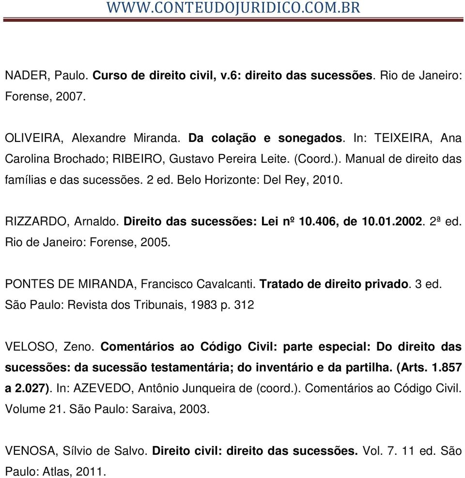 Direito das sucessões: Lei nº 10.406, de 10.01.2002. 2ª ed. Rio de Janeiro: Forense, 2005. PONTES DE MIRANDA, Francisco Cavalcanti. Tratado de direito privado. 3 ed.