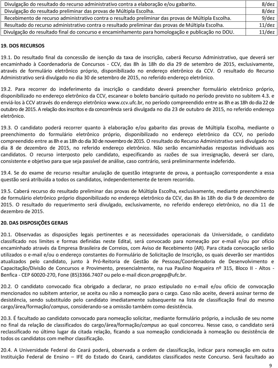 Divulgação do resultado final do concurso e encaminhamento para homologação e publicação no DOU. 8/dez 8/dez 9/dez 11