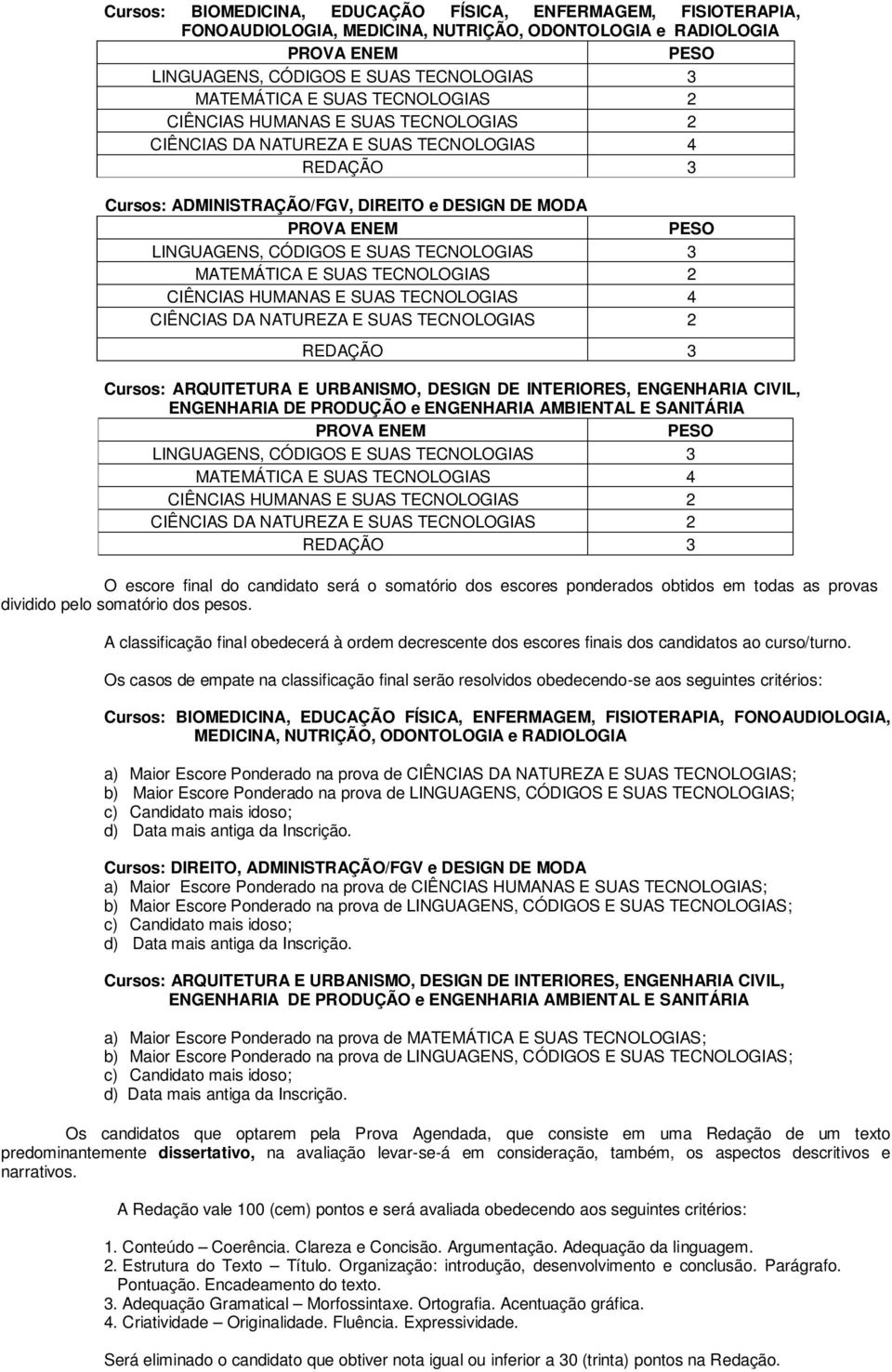 TECNOLOGIAS 2 Curss: ARQUITETURA E URBANISMO, DESIGN DE INTERIORES, ENGENHARIA CIVIL, ENGENHARIA DE PRODUÇÃO e ENGENHARIA AMBIENTAL E SANITÁRIA MATEMÁTICA E SUAS TECNOLOGIAS 4 CIÊNCIAS HUMANAS E SUAS