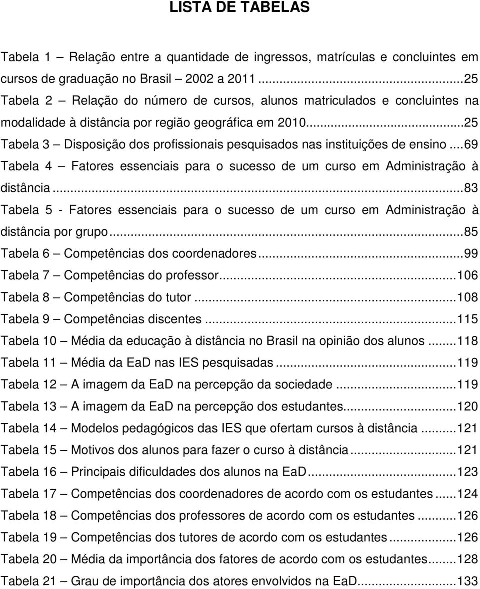 ..25 Tabela 3 Disposição dos profissionais pesquisados nas instituições de ensino...69 Tabela 4 Fatores essenciais para o sucesso de um curso em Administração à distância.