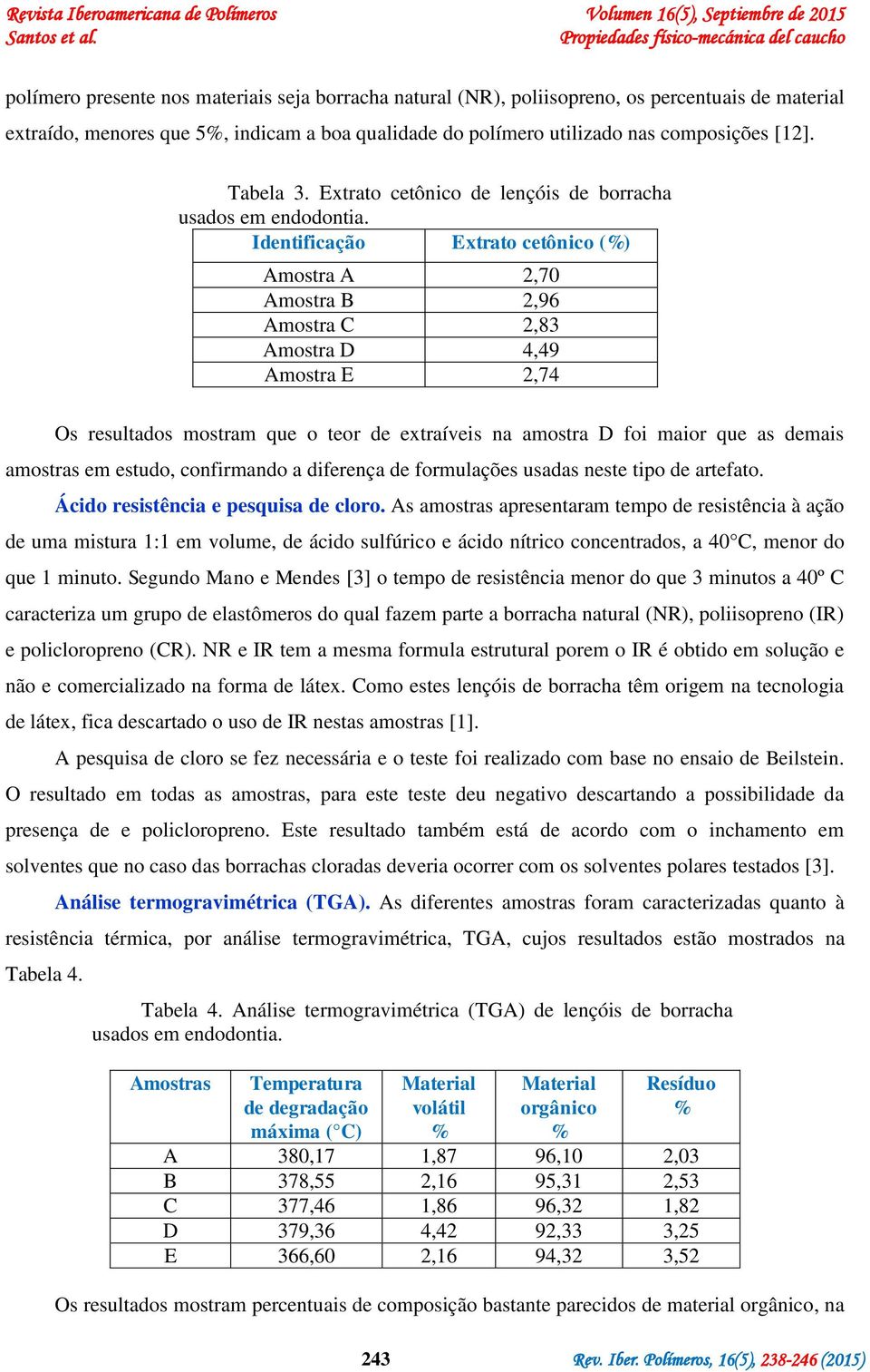 Identificação Extrato cetônico (%) Os resultados mostram que o teor de extraíveis na amostra D foi maior que as demais amostras em estudo, confirmando a diferença de formulações usadas neste tipo de