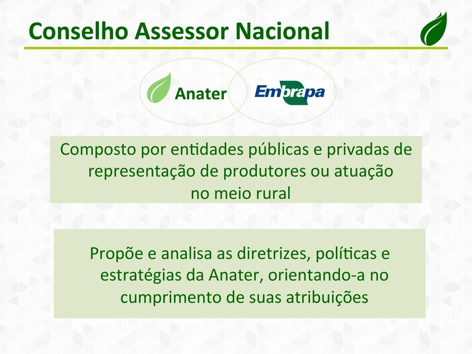 atuação no meio rural Propõe e analisa as diretrizes, polí:cas e