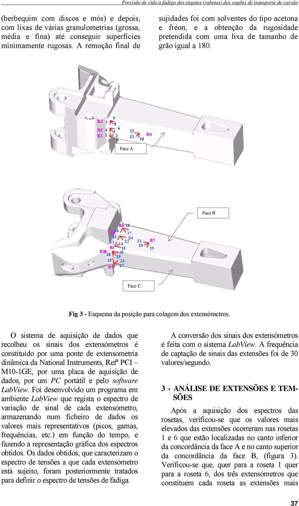 Face A Face B Face C Fig 3 - Esquema da posição para colagem dos extesómetros.