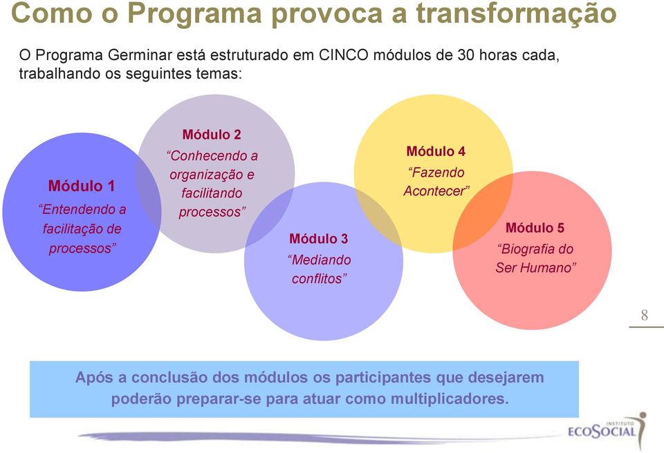 e facilitando processos Módulo 3 Mediando conflitos Módulo 4 Fazendo Acontecer Módulo 5 Biografia do Ser Humano