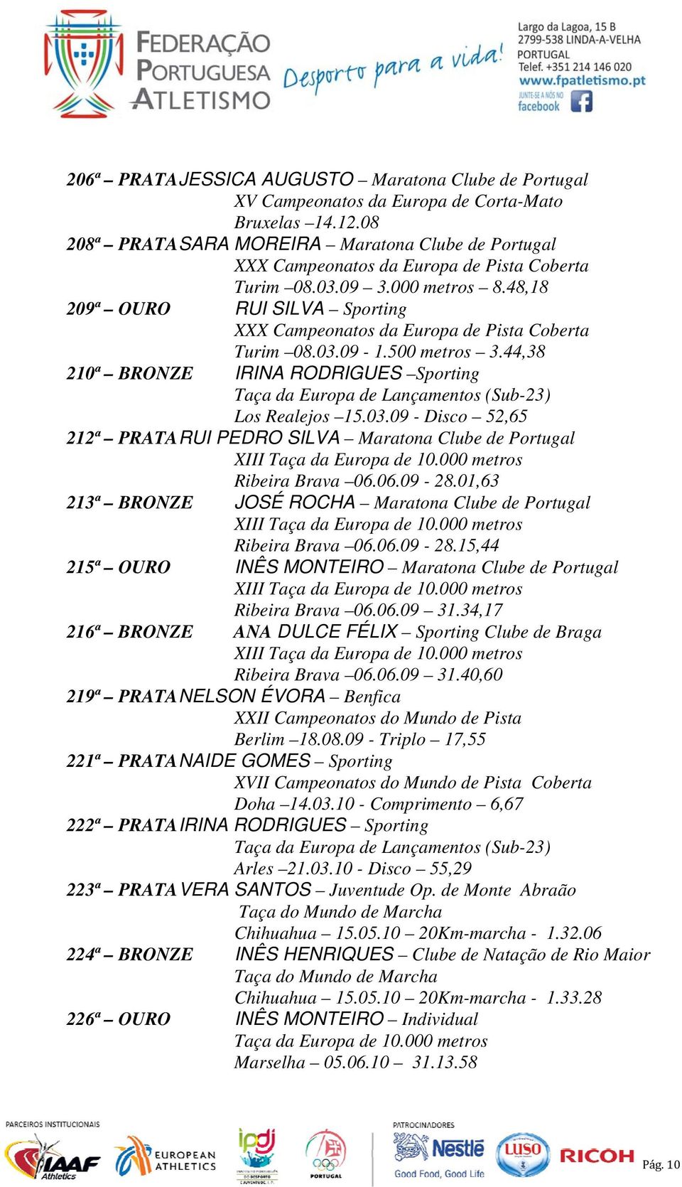 48,18 209ª RUI SILVA Sporting XXX Campeonatos da Europa de Pista Coberta Turim 08.03.09-1.500 metros 3.44,38 210ª IRINA RODRIGUES Sporting Taça da Europa de Lançamentos (Sub-23) Los Realejos 15.03.09 - Disco 52,65 212ª RUI PEDRO SILVA Maratona Clube de Portugal XIII Taça da Europa de 10.