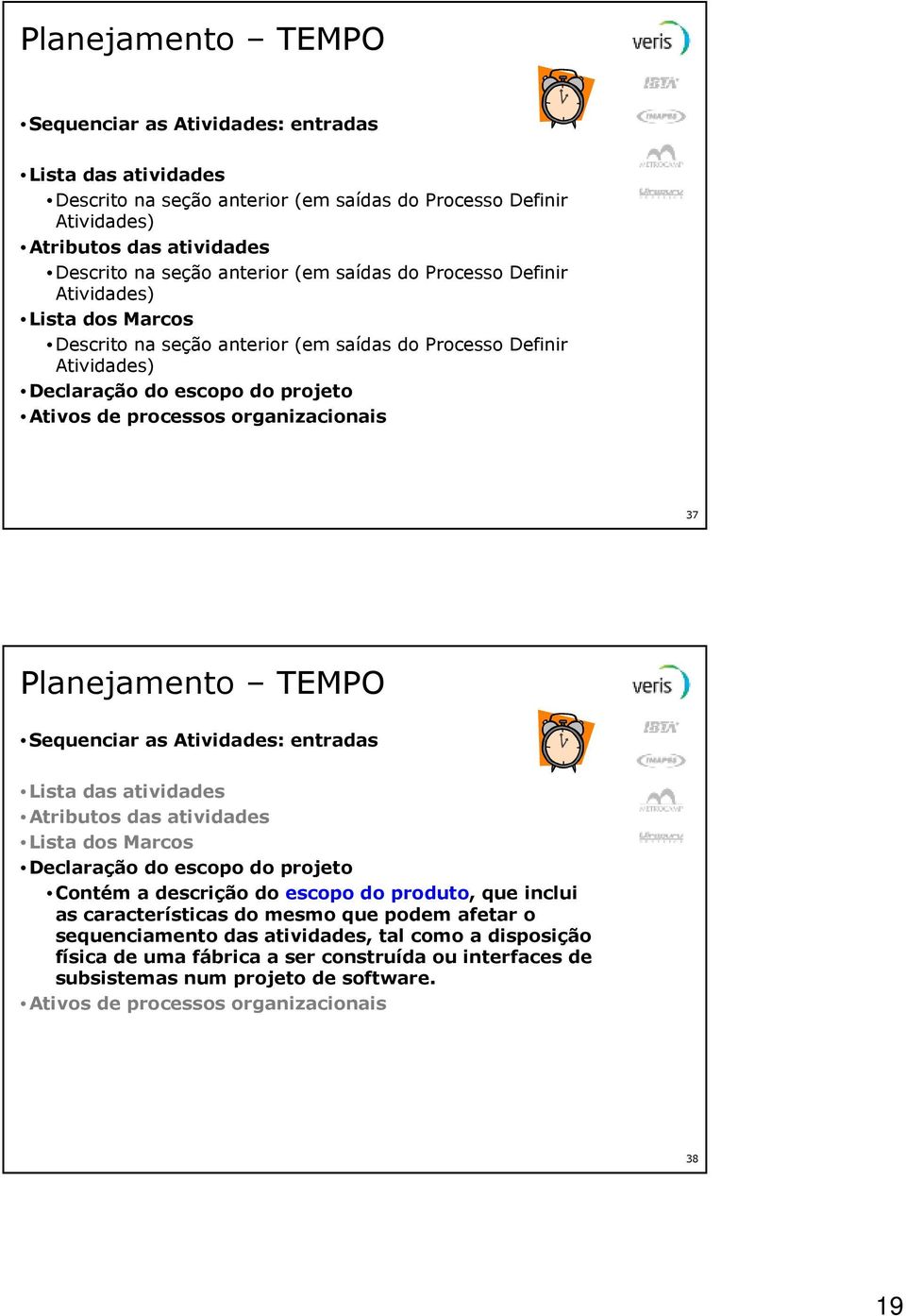 as Atividades: entradas Lista das atividades Atributos das atividades Lista dos Marcos Declaração do escopo do projeto Contém a descrição do escopo do produto, que inclui as características do mesmo