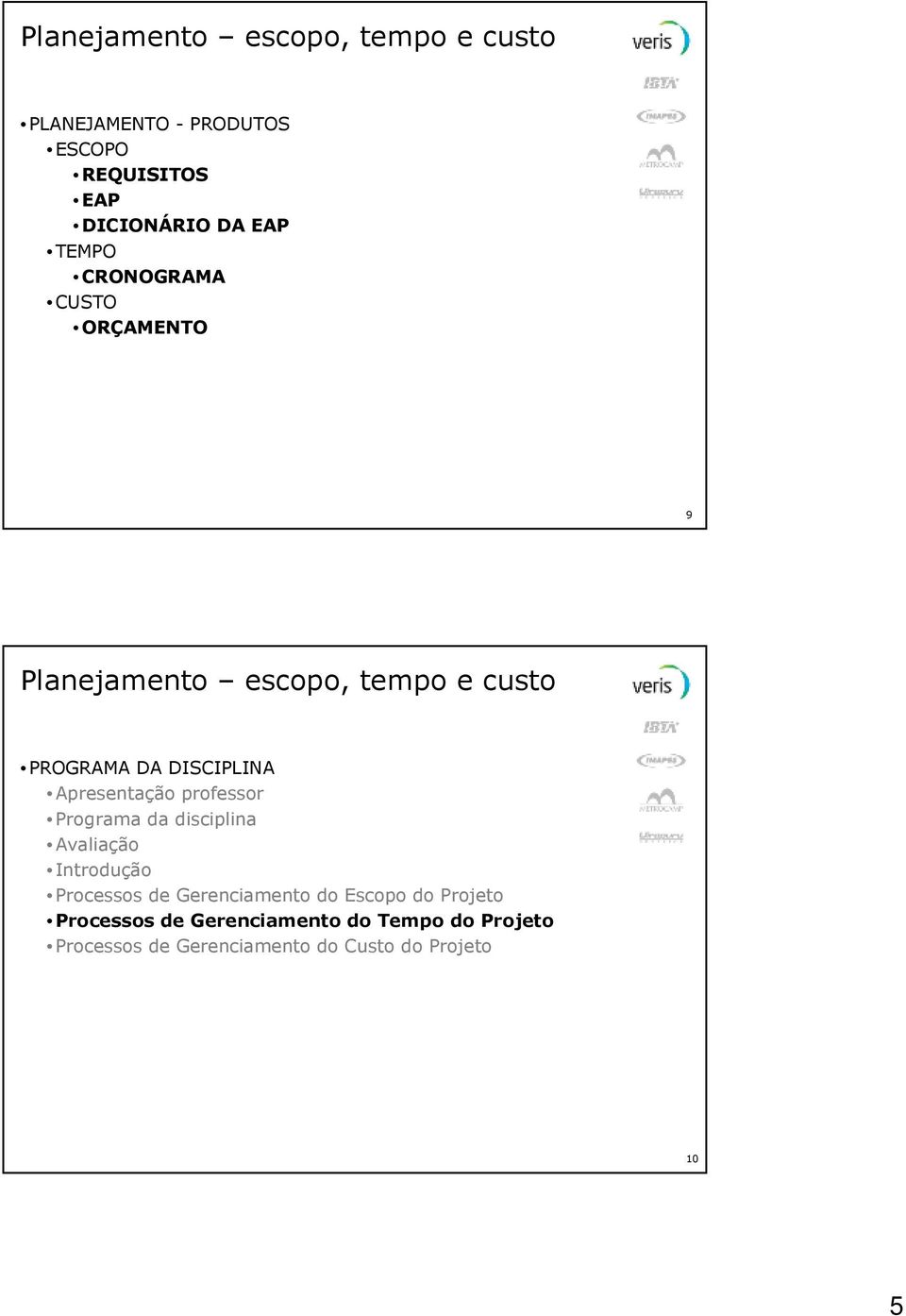 Apresentação professor Programa da disciplina Avaliação Introdução Processos de Gerenciamento do