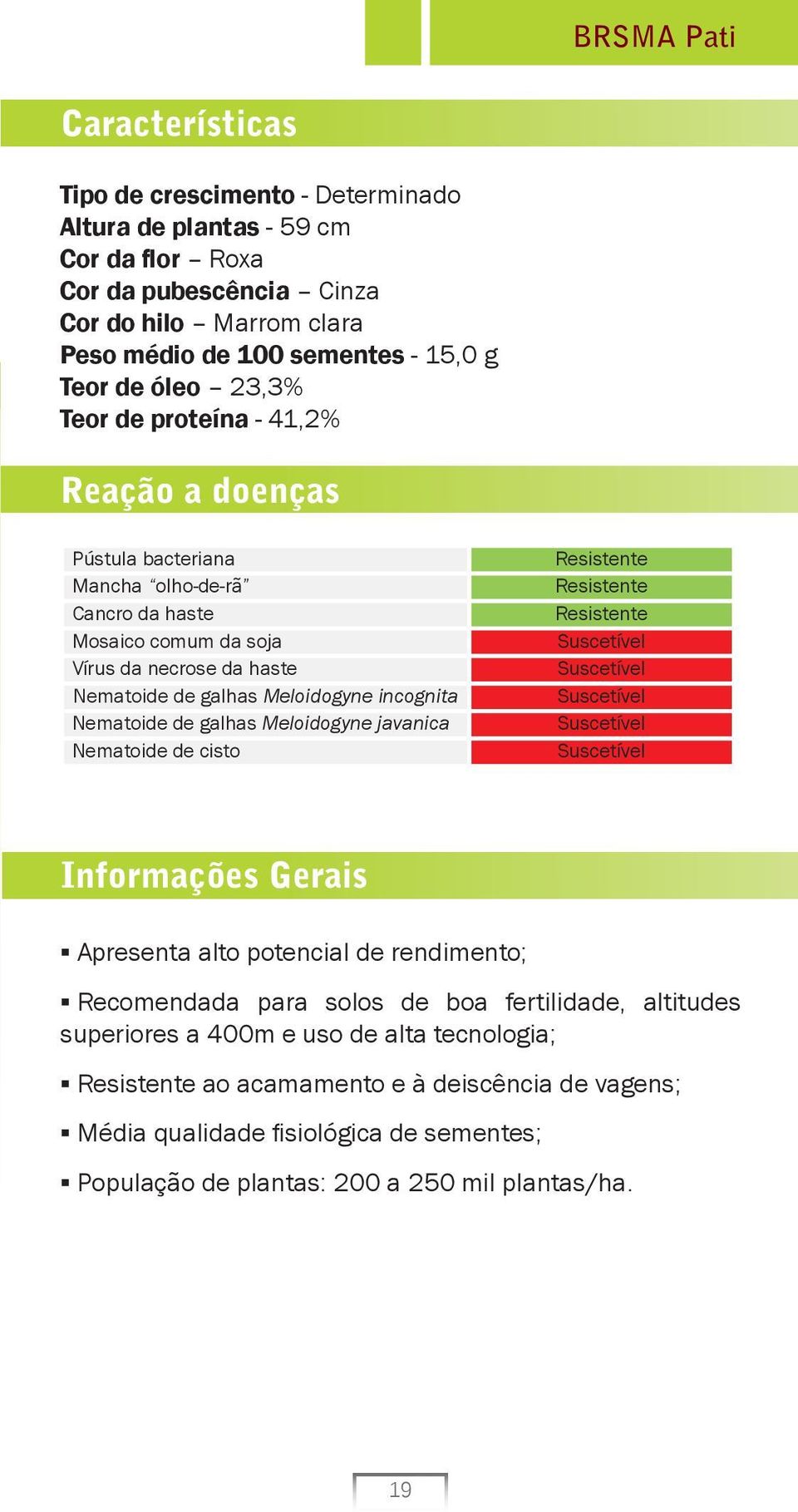 galhas Meloidogyne incognita Nematoide de galhas Meloidogyne javanica Nematoide de cisto Informações Gerais Apresenta alto potencial de rendimento; Recomendada para solos de boa