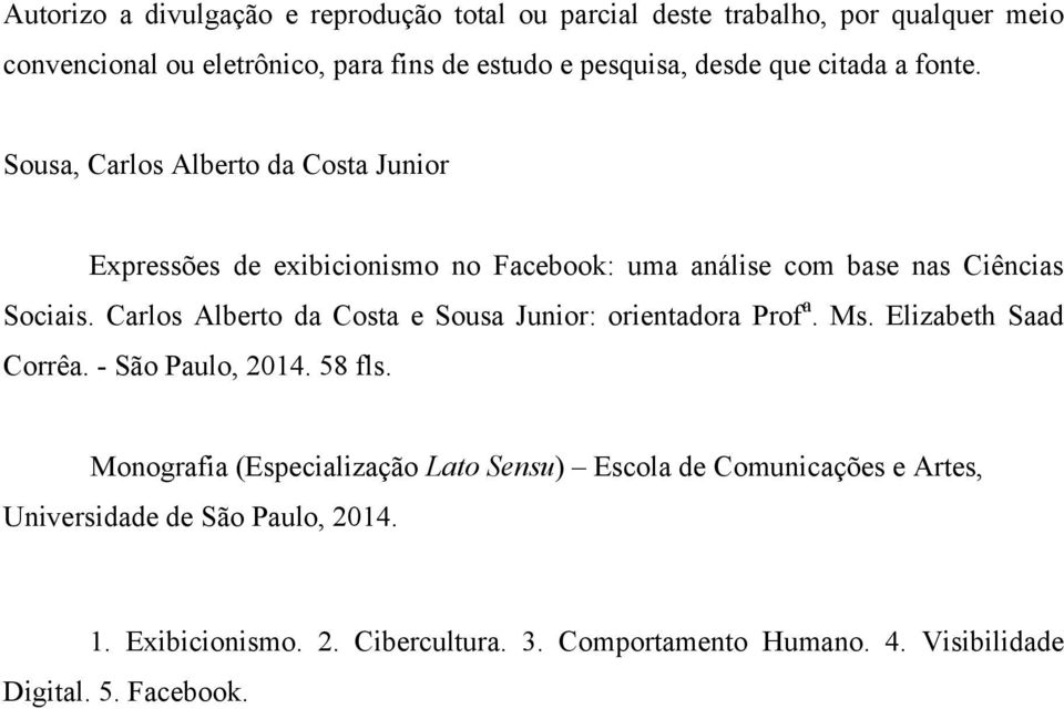 Carlos Alberto da Costa e Sousa Junior: orientadora Prof a. Ms. Elizabeth Saad Corrêa. - São Paulo, 2014. 58 fls.