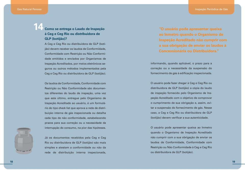 A Ceg e Ceg Rio ou distribuidora de GLP (botijão) devem receber os laudos de Conformidade, Conformidade com Restrição ou Não Conformidade emitidos e enviados por Organismos de Inspeção Acreditados,