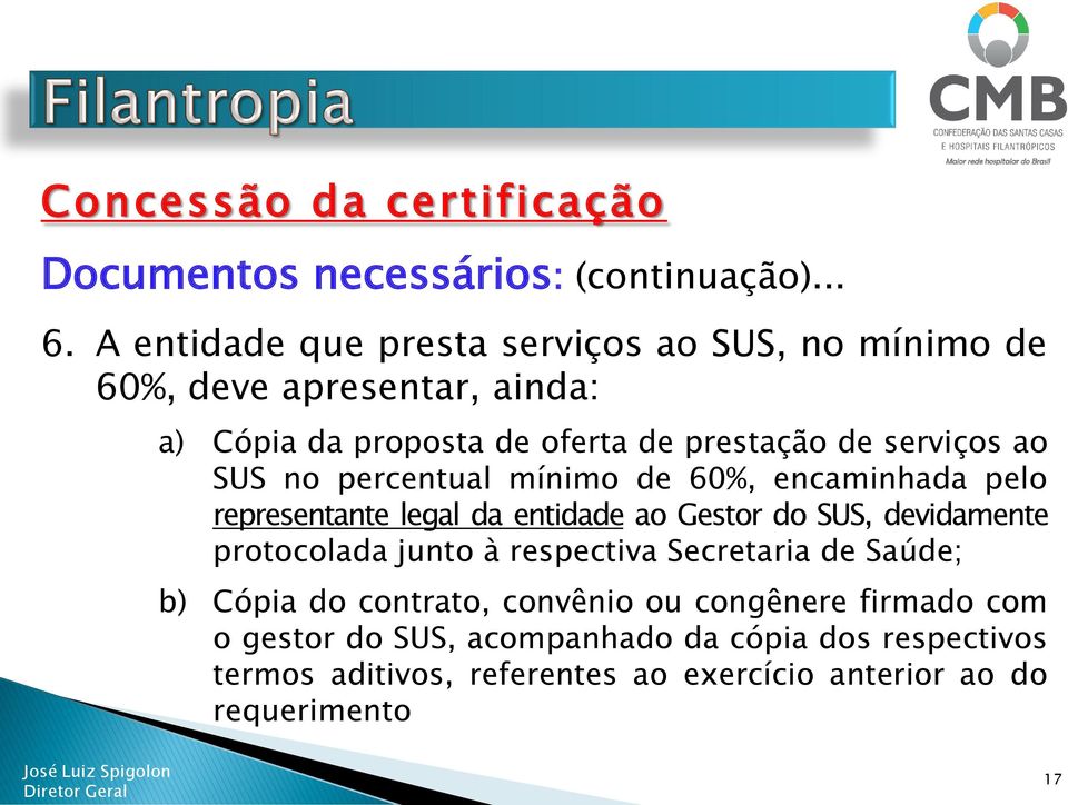 ao SUS no percentual mínimo de 60%, encaminhada pelo representante legal da entidade ao Gestor do SUS, devidamente protocolada junto à