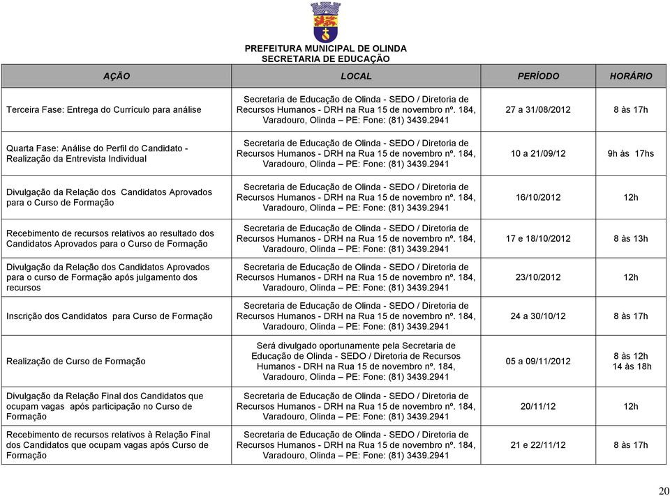 Formação após julgamento dos recursos Inscrição dos Candidatos para Curso de Formação 27 a 31/08/2012 8 às 17h 10 a 21/09/12 9h às 17hs 16/10/2012 12h 17 e 18/10/2012 8 às 13h 23/10/2012 12h 24 a