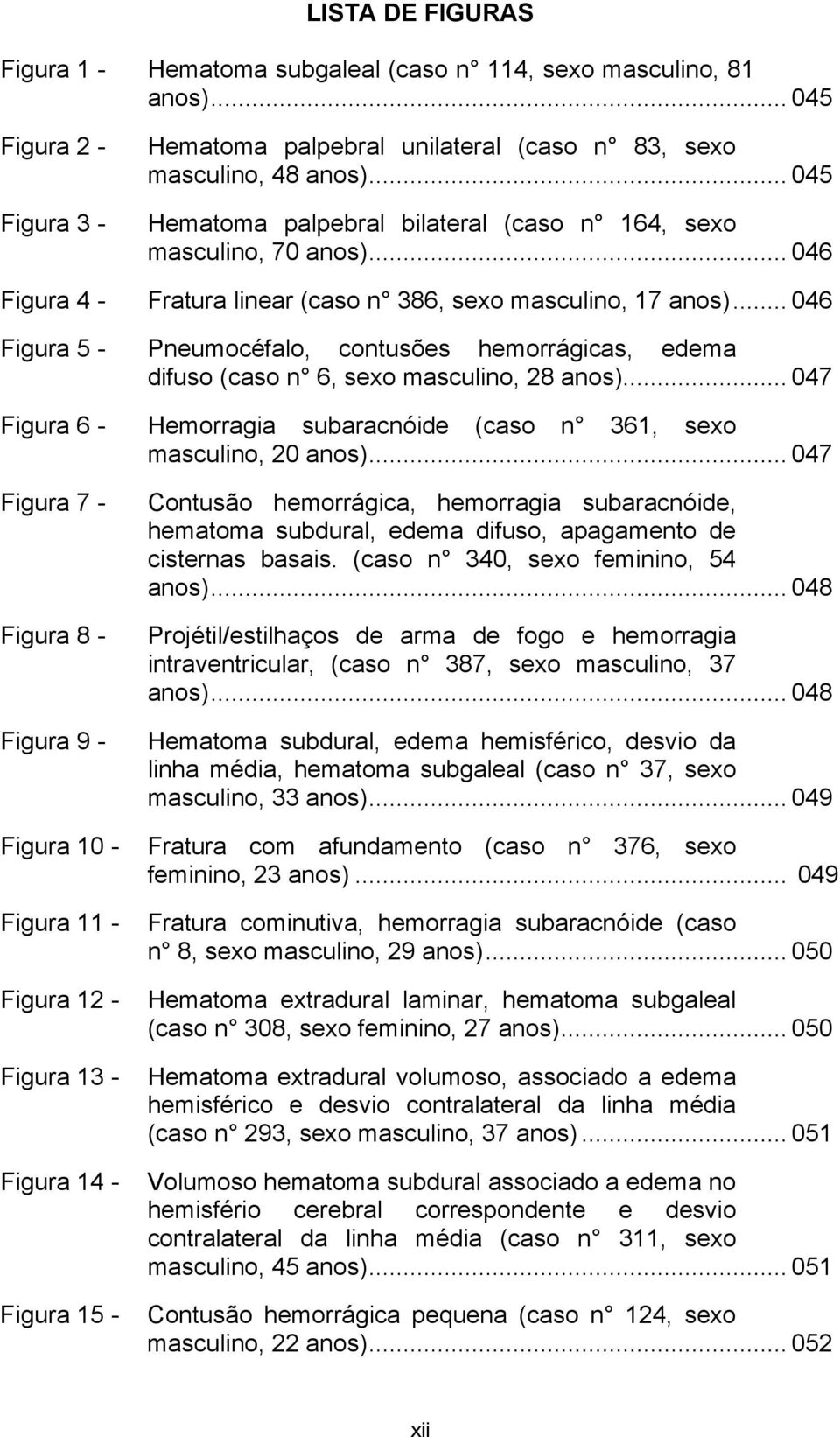 .. 046 Figura 5 - Pneumocéfalo, contusões hemorrágicas, edema difuso (caso n 6, sexo masculino, 28 anos)... 047 Figura 6 - Hemorragia subaracnóide (caso n 361, sexo masculino, 20 anos).