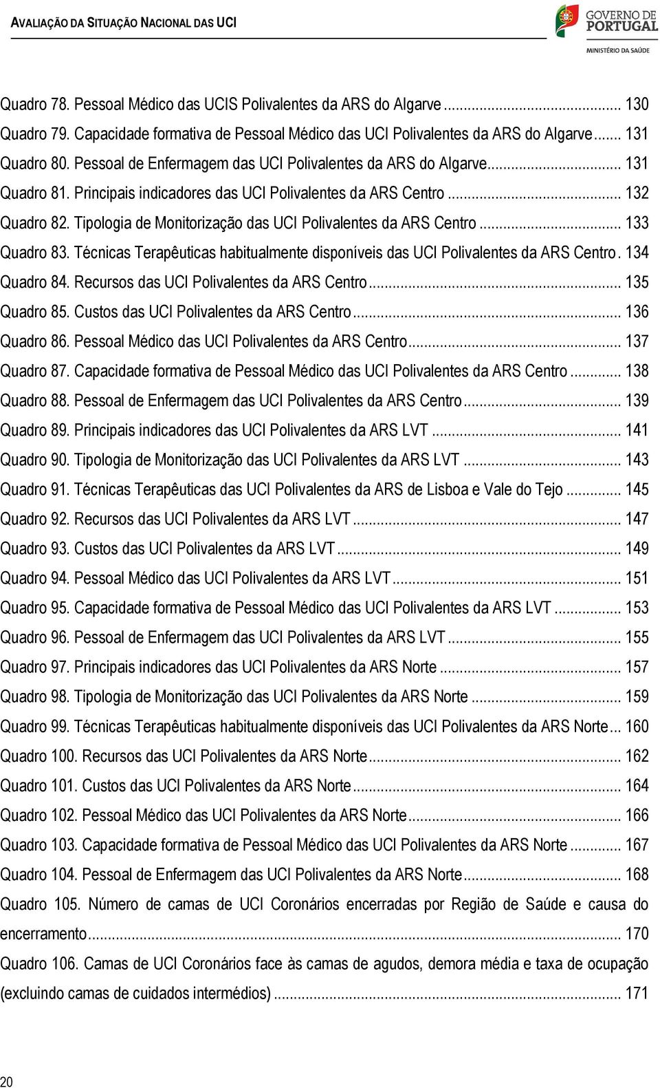 Tipologia de Monitorização das UCI Polivalentes da ARS Centro... 133 Quadro 83. Técnicas Terapêuticas habitualmente disponíveis das UCI Polivalentes da ARS Centro. 134 Quadro 84.