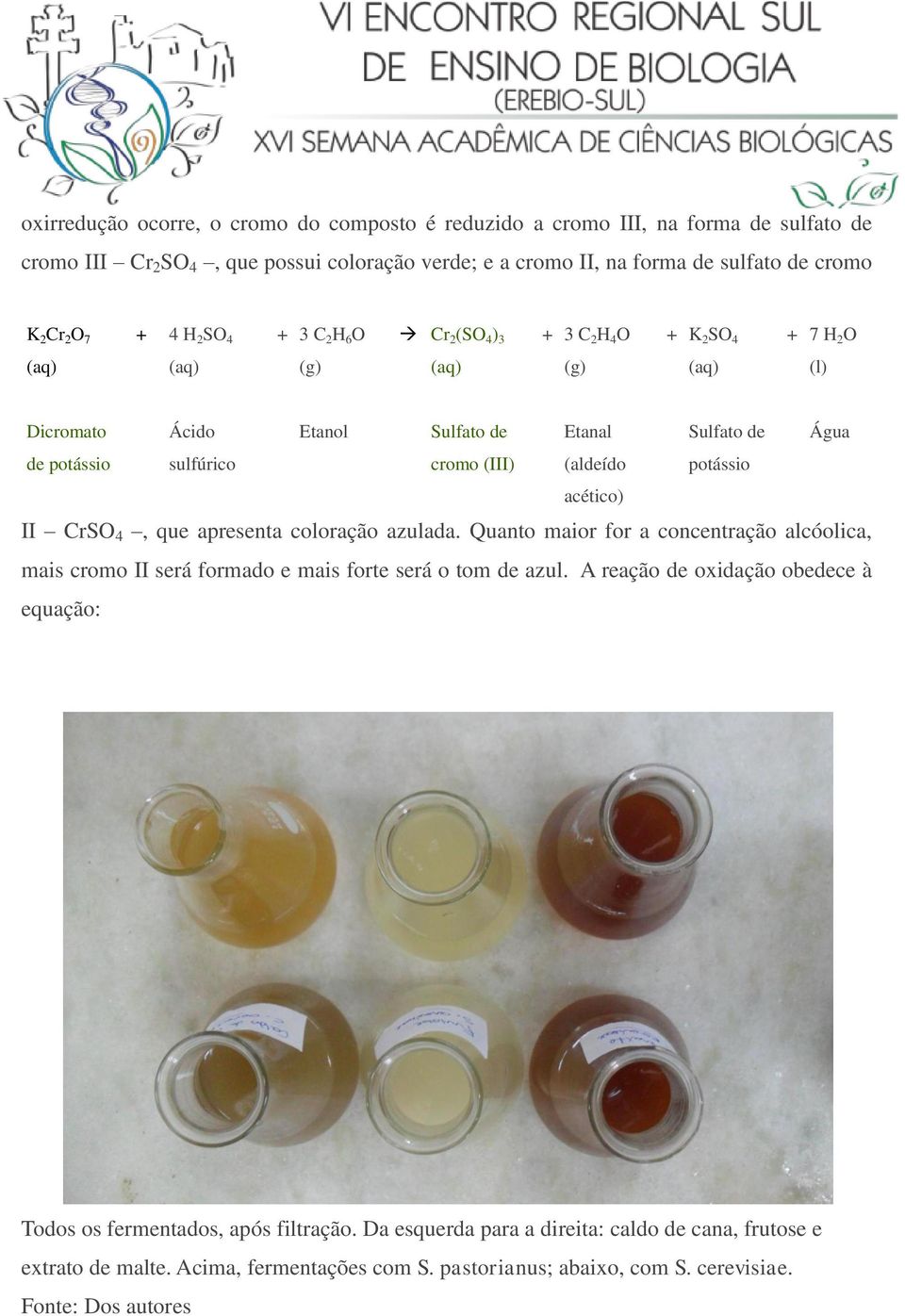 (aldeído potássio acético) II CrSO 4, que apresenta coloração azulada. Quanto maior for a concentração alcóolica, mais cromo II será formado e mais forte será o tom de azul.