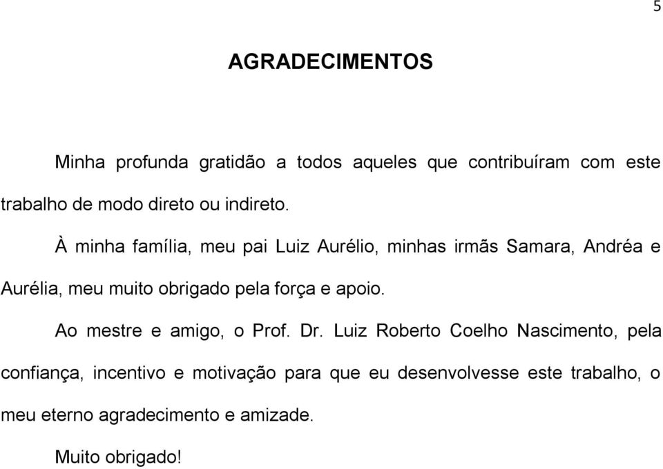 À minha família, meu pai Luiz Aurélio, minhas irmãs Samara, Andréa e Aurélia, meu muito obrigado pela força