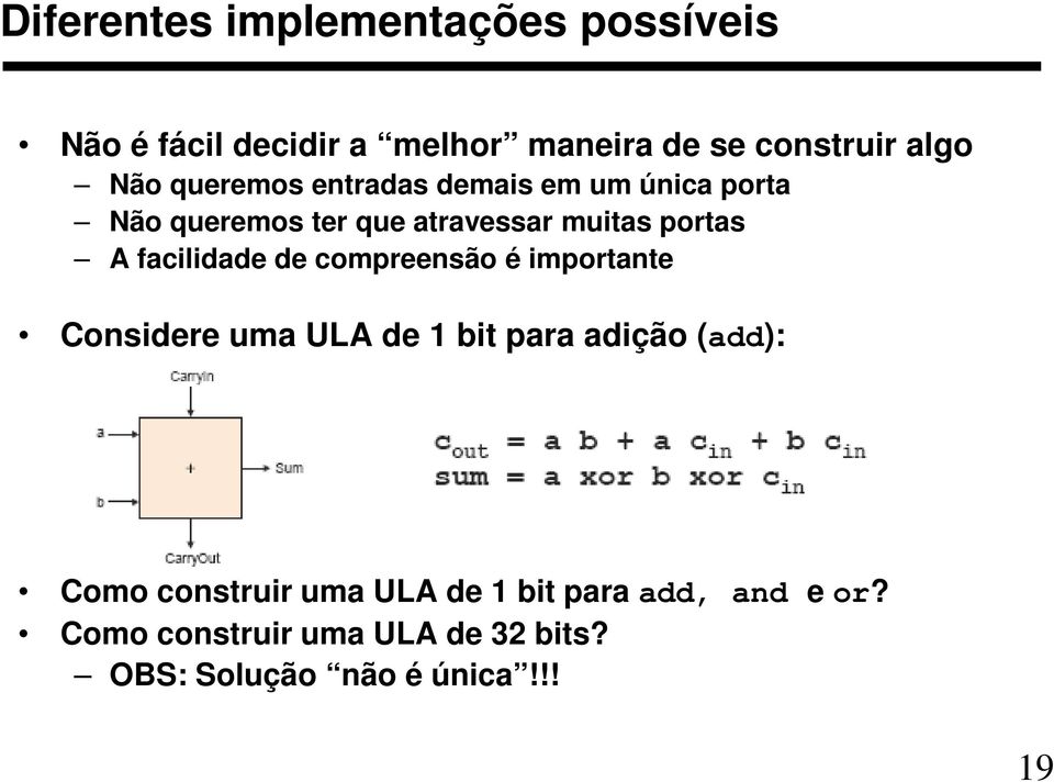 facilidade de compreensão é importante Considere uma ULA de 1 bit para adição (add): Como