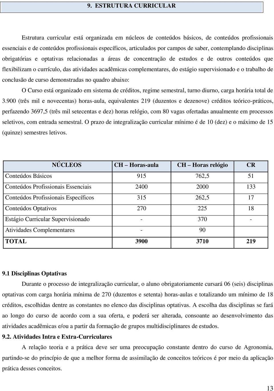 do estágio supervisionado e o trabalho de conclusão de curso demonstradas no quadro abaixo: O Curso está organizado em sistema de créditos, regime semestral, turno diurno, carga horária total de 3.