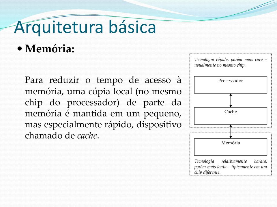 dispositivo chamado de cache. Tecnologia rápida, porém mais cara usualmente no mesmo chip.