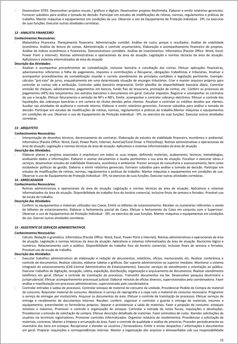 Observar o uso de Equipamento de Proteção Individual EPI, no exercício de suas funções. Executar outras atividades correlatas. 12 ANALISTA FINANCEIRO Matemática financeira. Planejamento financeiro.