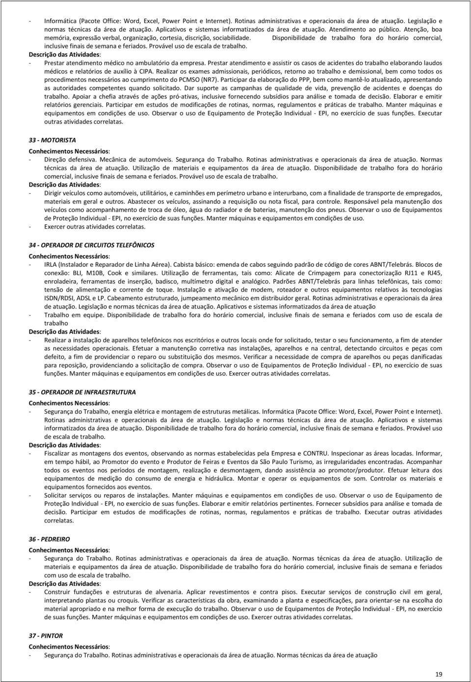 Disponibilidade de trabalho fora do horário comercial, inclusive finais de semana e feriados. Provável uso de escala de trabalho. Prestar atendimento médico no ambulatório da empresa.