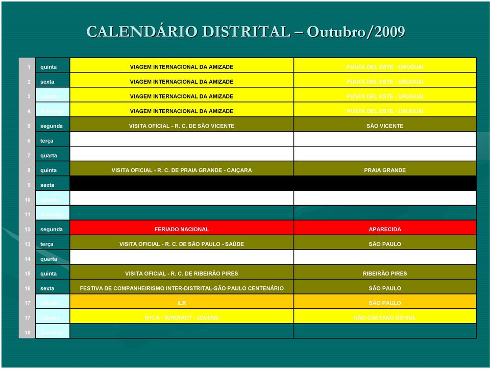 C. DE PRAIA GRANDE - CAIÇARA PRAIA GRANDE 9 sexta 10 11 domingo 12 segunda FERIADO NACIONAL APARECIDA 13 terça VISITA OFICIAL - R. C. DE SÃO PAULO - SAÚDE SÃO PAULO 14 quarta 15 quinta VISITA OFICIAL - R.