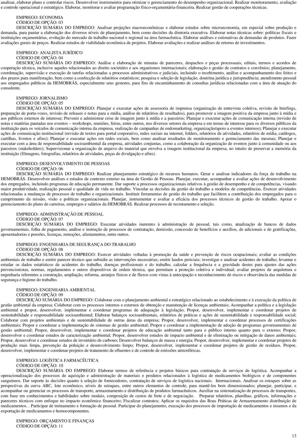 EMPREGO: ECONOMIA CÓDIGO DE OPÇÃO: 03 DESCRIÇÃO SUMÁRIA DO EMPREGO: Analisar projeções macroeconômicas e elaborar estudos sobre microeconomia, em especial sobre produção e demanda, para pautar a