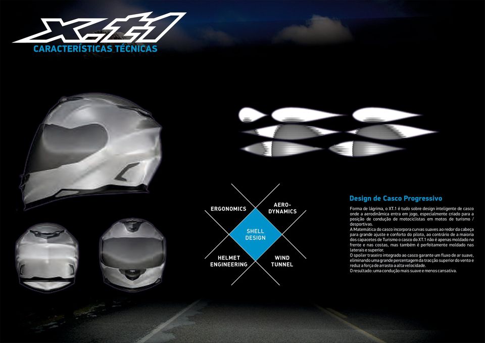 A Matemática do casco incorpora curvas suaves ao redor da cabeça para grande ajuste e conforto do piloto, ao contrário de a maioria dos capacetes de Turismo o casco do XT.