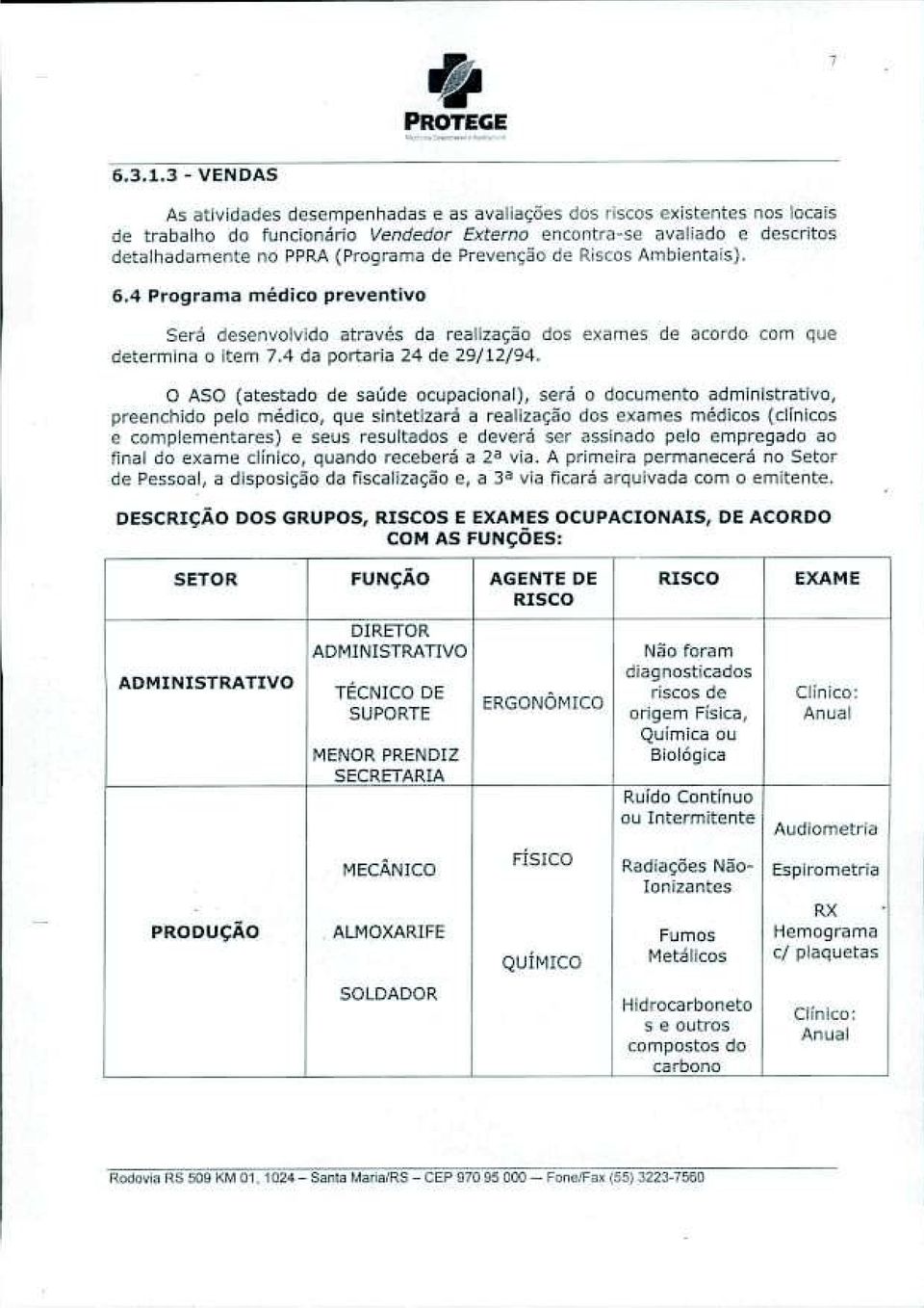 Prevenção de Riscos Ambientais). 6.4 Programa médico preventivo Será desenvolvido através da realização dos exames de acordo com que determina o item 7.4 da portaria 24 de 29/12/94.