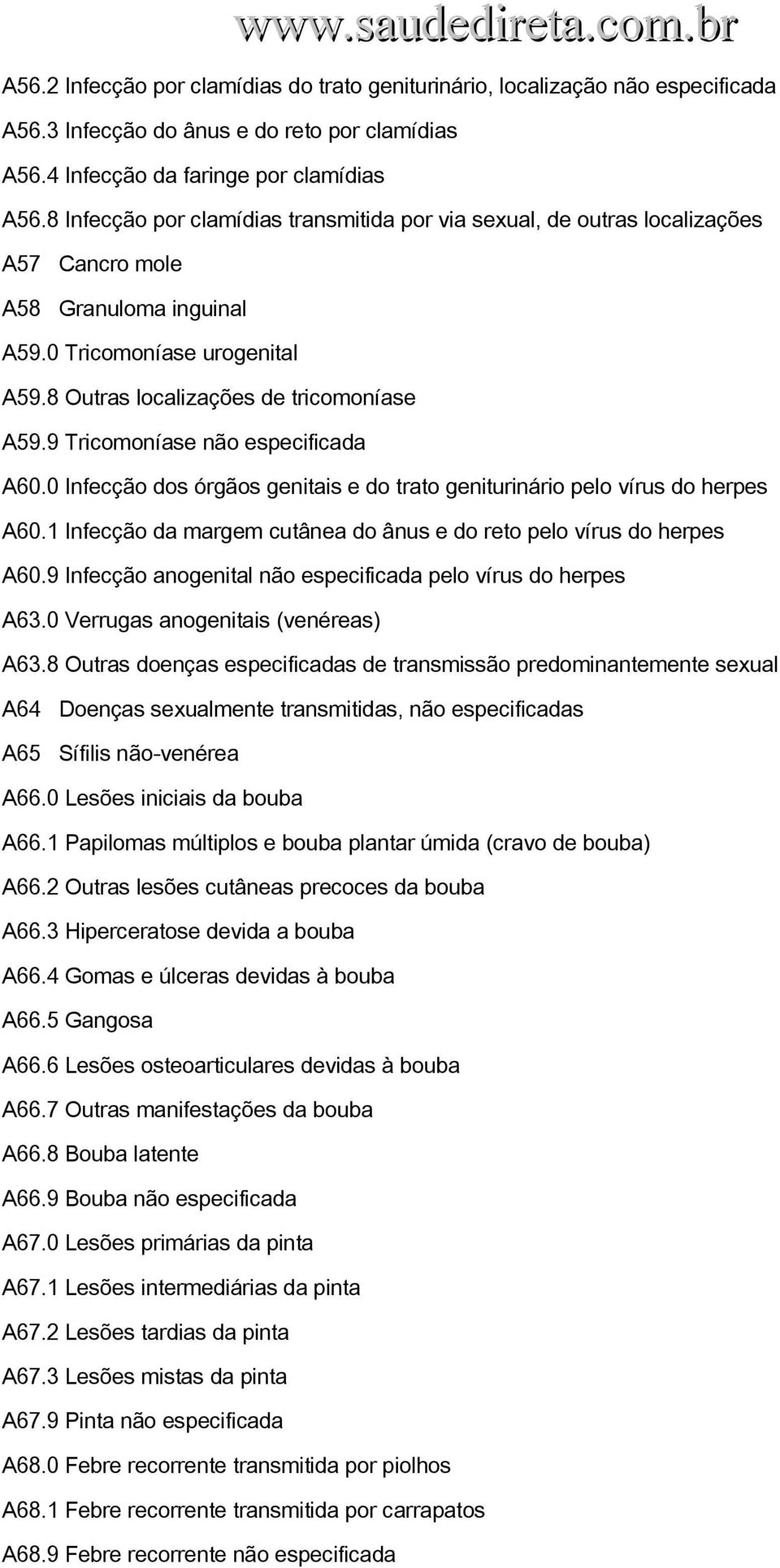 9 Tricomoníase não especificada A60.0 Infecção dos órgãos genitais e do trato geniturinário pelo vírus do herpes A60.1 Infecção da margem cutânea do ânus e do reto pelo vírus do herpes A60.