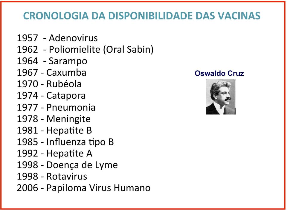 Pneumonia 1978 - Meningite 1981 - HepaRte B 1985 - Influenza Rpo B 1992 - HepaRte