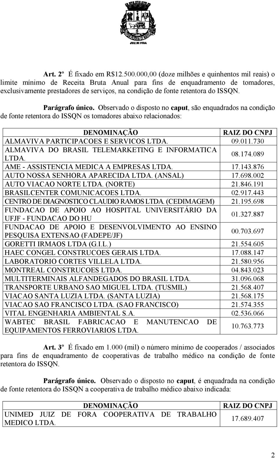 ISSQN. Parágrafo único. Observado o disposto no caput, são enquadrados na condição de fonte retentora do ISSQN os tomadores abaixo relacionados: ALMAVIVA PARTICIPACOES E SERVICOS LTDA. 09.011.