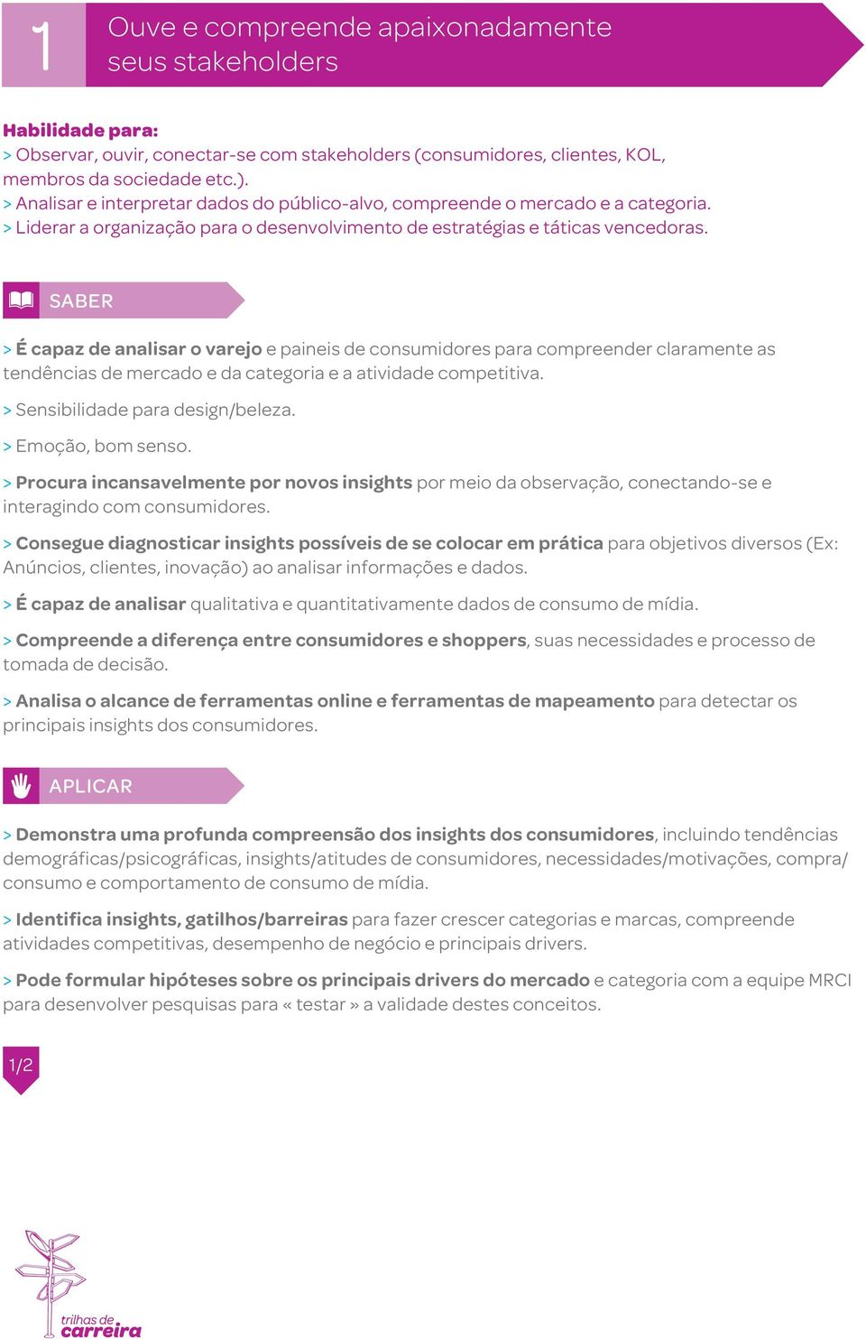 SABER > É capaz de analisar o varejo e paineis de consumidores para compreender claramente as tendências de mercado e da categoria e a atividade competitiva. > Sensibilidade para design/beleza.