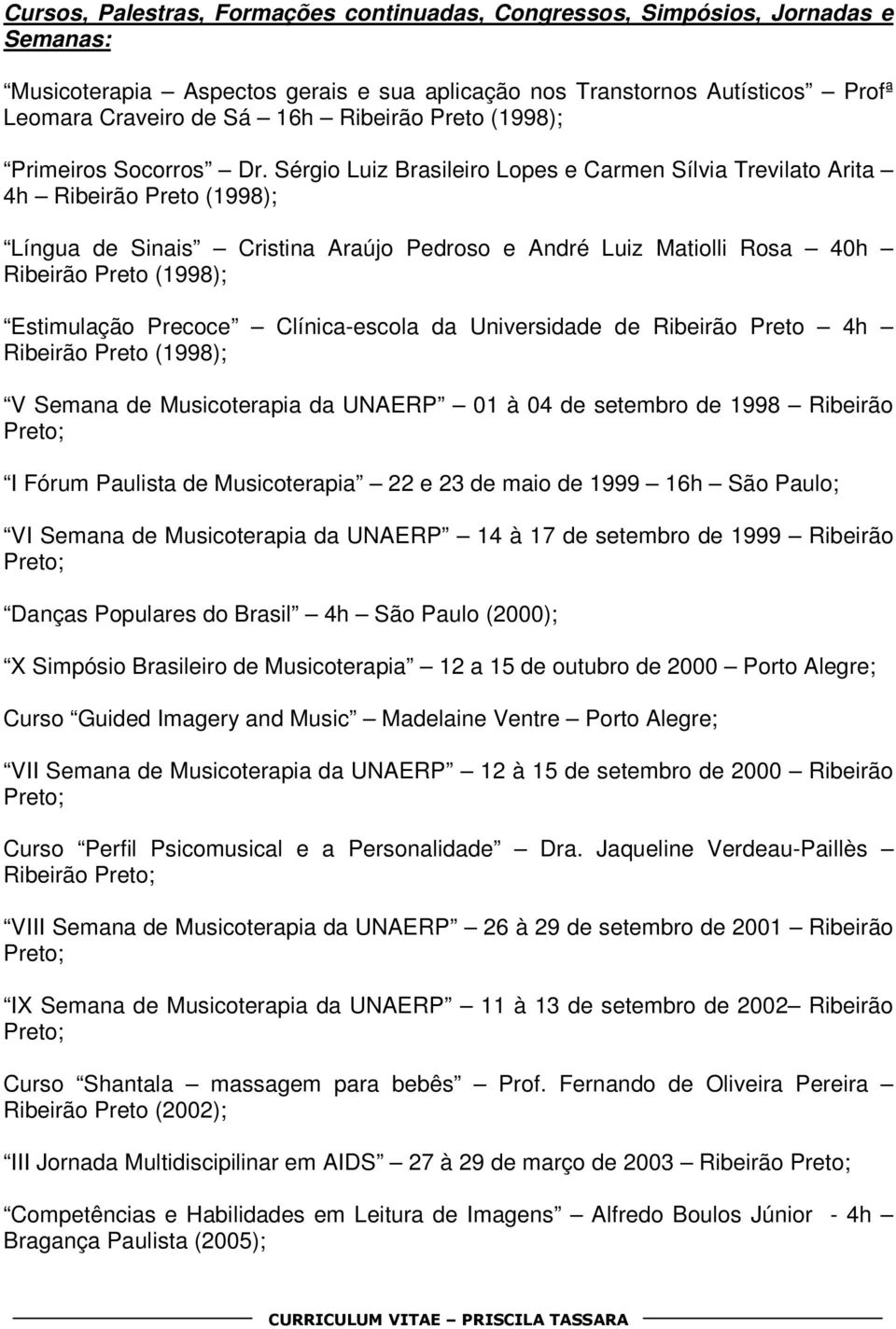 Sérgio Luiz Brasileiro Lopes e Carmen Sílvia Trevilato Arita 4h Ribeirão Preto (1998); Língua de Sinais Cristina Araújo Pedroso e André Luiz Matiolli Rosa 40h Ribeirão Preto (1998); Estimulação