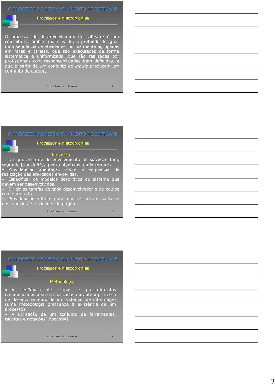 Análise Essencial de Sistemas 7 Processos e Metodologias Processo Um processo de desenvolvimento de software tem, segundo [Booch 94], quatro objetivos fundamentais: Providenciar orientação sobre a