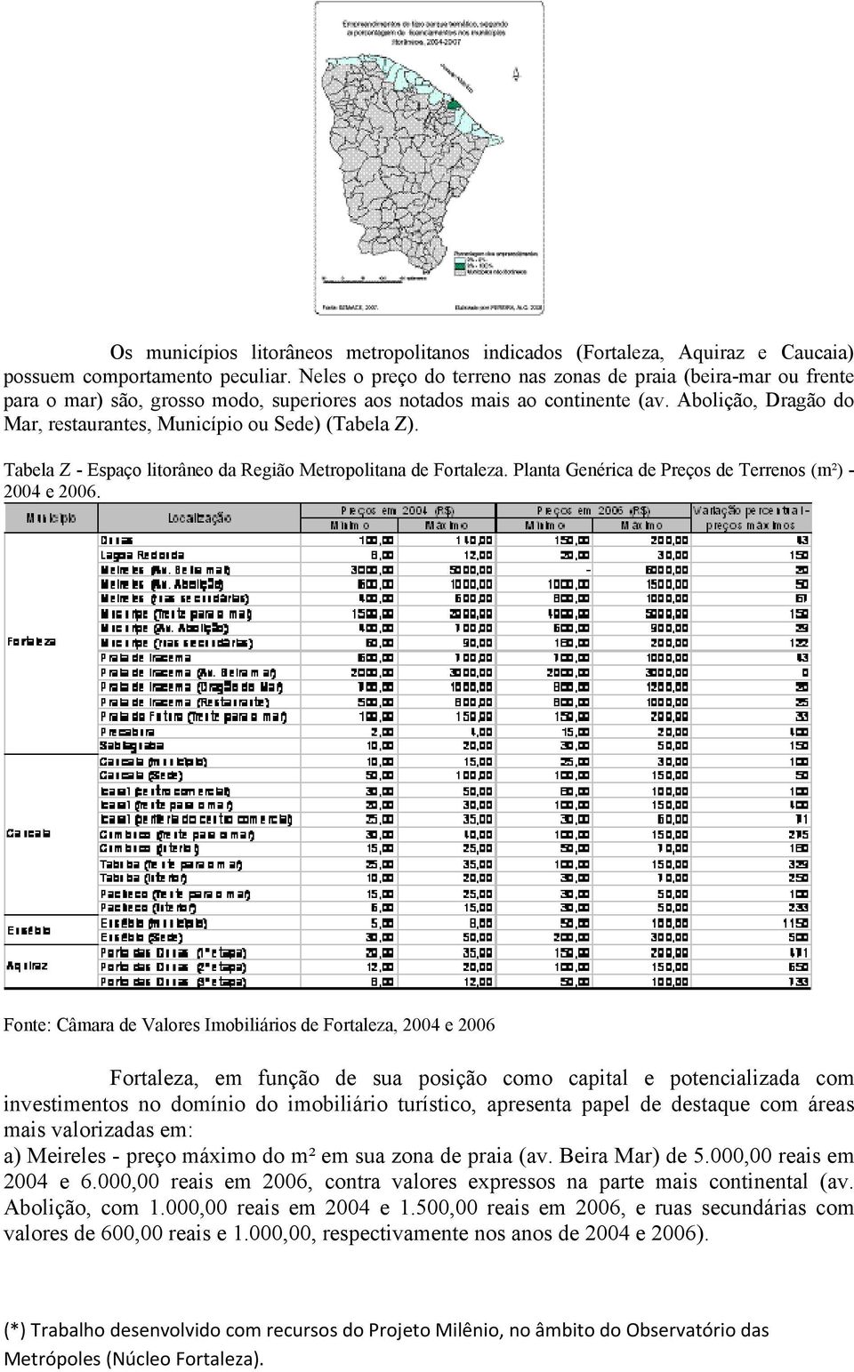 Abolição, Dragão do Mar, restaurantes, Município ou Sede) (Tabela Z). Tabela Z - Espaço litorâneo da Região Metropolitana de Fortaleza. Planta Genérica de Preços de Terrenos (m²) - 2004 e 2006.