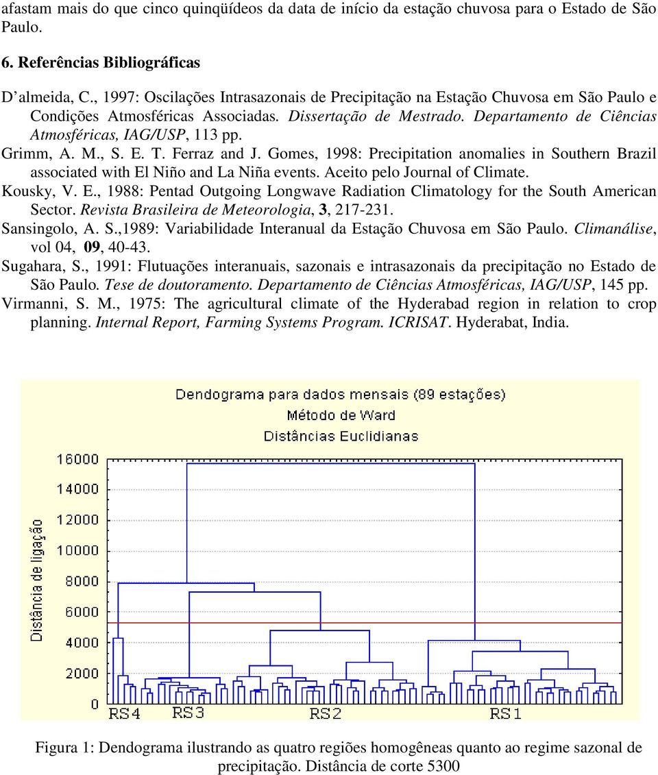 Grimm, A. M., S. E. T. Ferraz and J. Gomes, 1998: Precipitation anomalies in Southern Brazil associated with El Niño and La Niña events. Aceito pelo Journal of Climate. Kousky, V. E., 1988: Pentad Outgoing Longwave Radiation Climatology for the South American Sector.