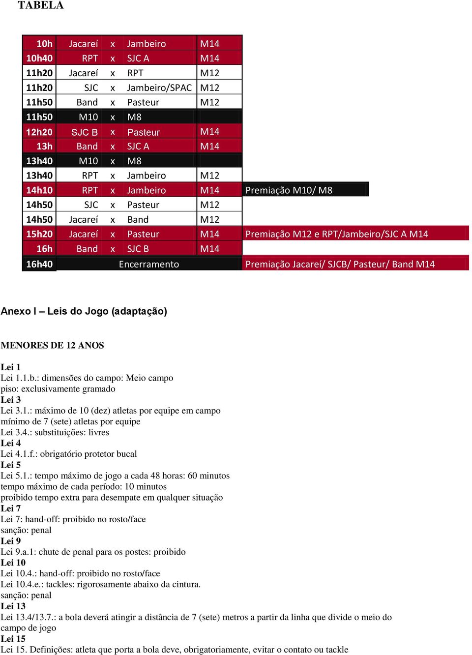 16h Band x SJC B M14 16h40 Encerramento Premiação Jacareí/ SJCB/ Pasteur/ Band M14 Anexo I Leis do Jogo (adaptação) MENORES DE 12 ANOS Lei 1 Lei 1.1.b.
