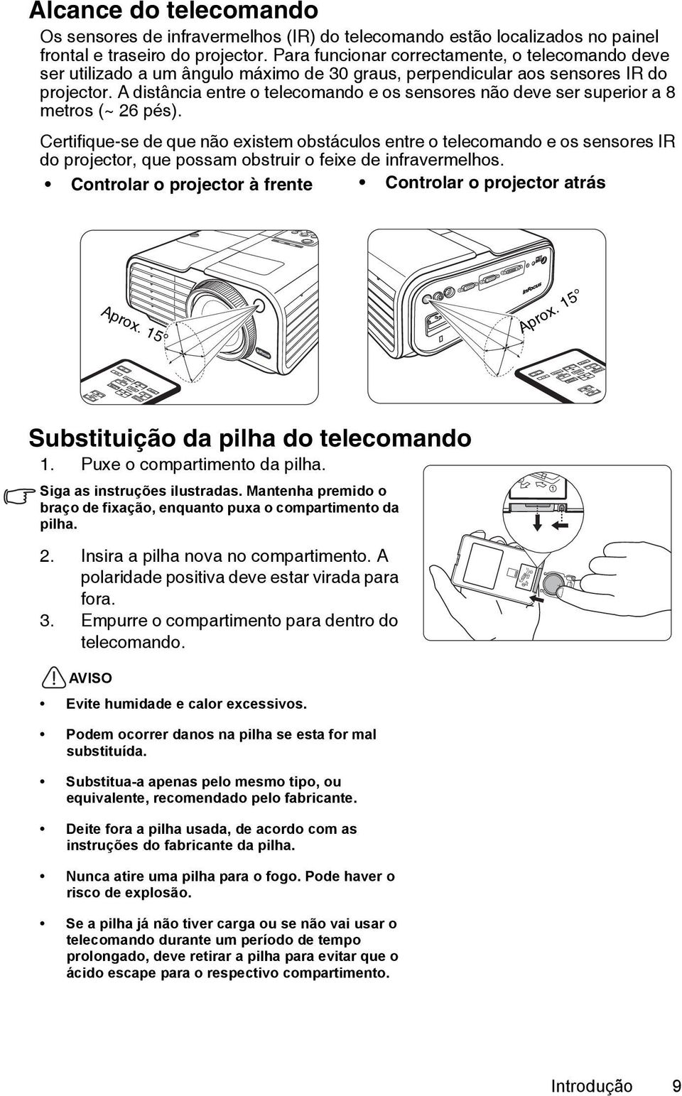 A distância entre o telecomando e os sensores não deve ser superior a 8 metros (~ 26 pés).